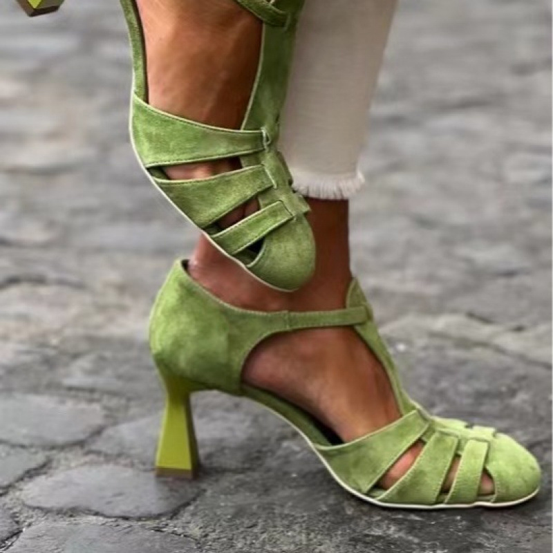 Women Formal Wear For Summer - Women's Green Suede Kitten Heel T-Strap