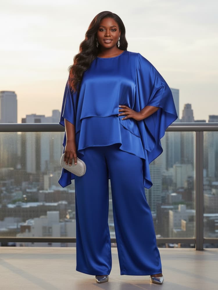 Women'S Formal Wear With Pants - Plus Size Round Neck Cape Sleeve