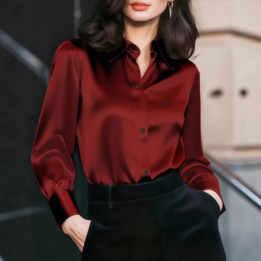 Women Satin Lapel Collar Blous - Women Formal Wear Office review and price