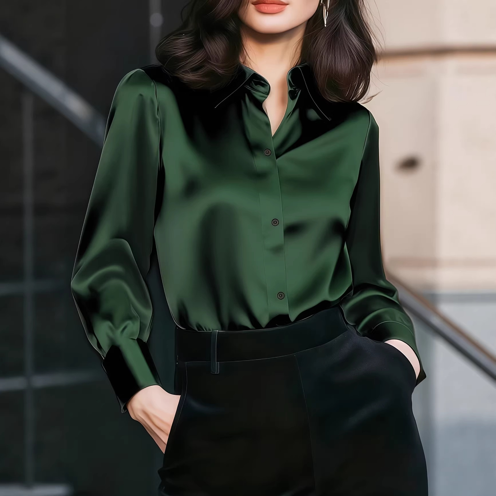 Women Satin Lapel Collar Blous - Women Formal Wear Office review and price